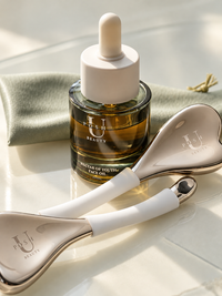 UPosh Beauty Nectar of Youth Face Oil, organic facial skincare oil with cryo gua sha massage tool, luxury face care routine for glowing, hydrated, smooth and radiant skin.